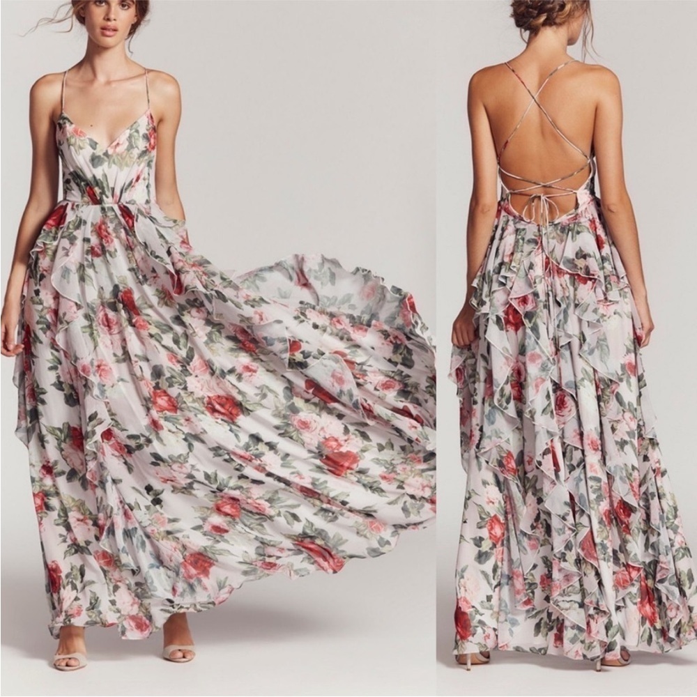 Free People Floral Maxi Dress in White with Pink and Green Roses